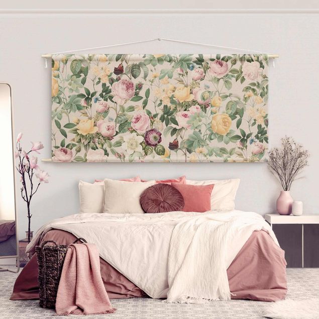 Wanddeko Schlafzimmer Vintage Blumen Illustration XXL