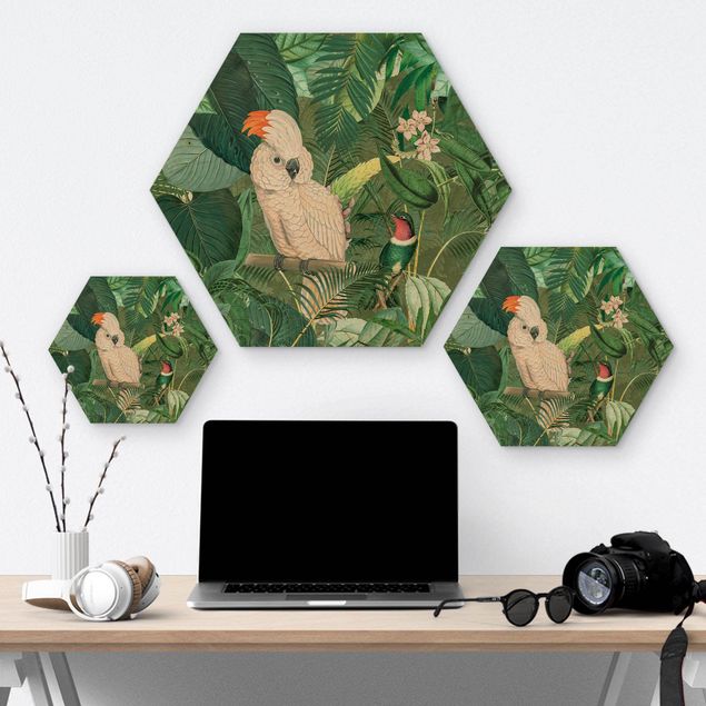 Wanddeko über Bett Vintage Collage - Kakadu und Kolibri