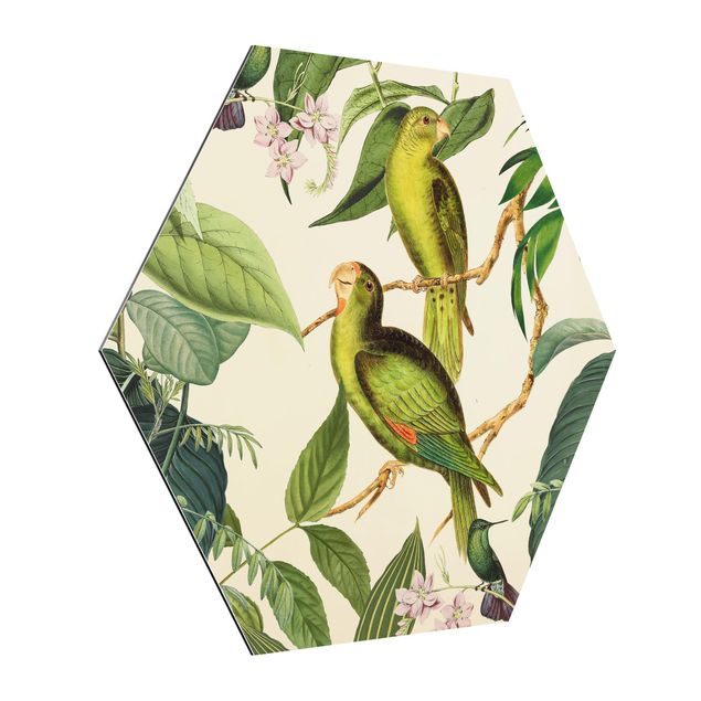 Wanddeko Büro Vintage Collage - Papageien im Dschungel