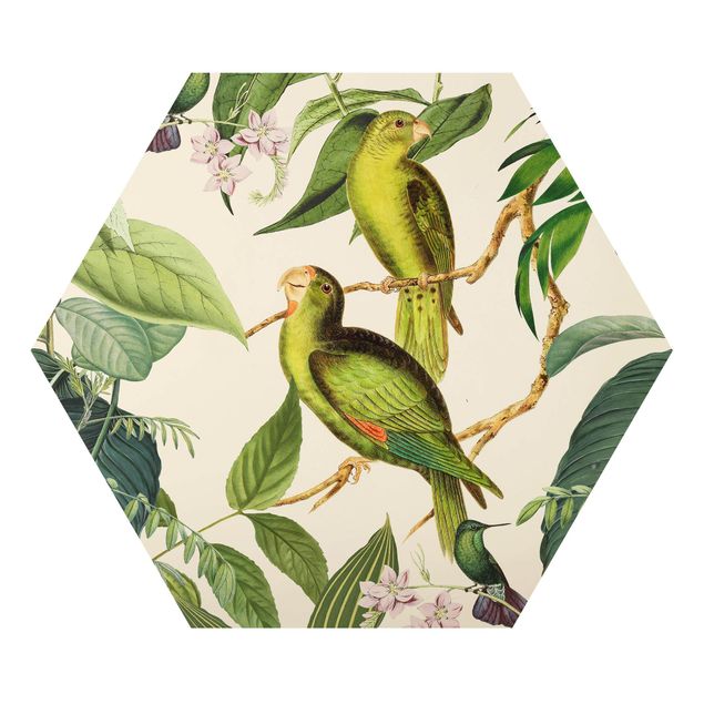 Wanddeko Pflanzen Vintage Collage - Papageien im Dschungel