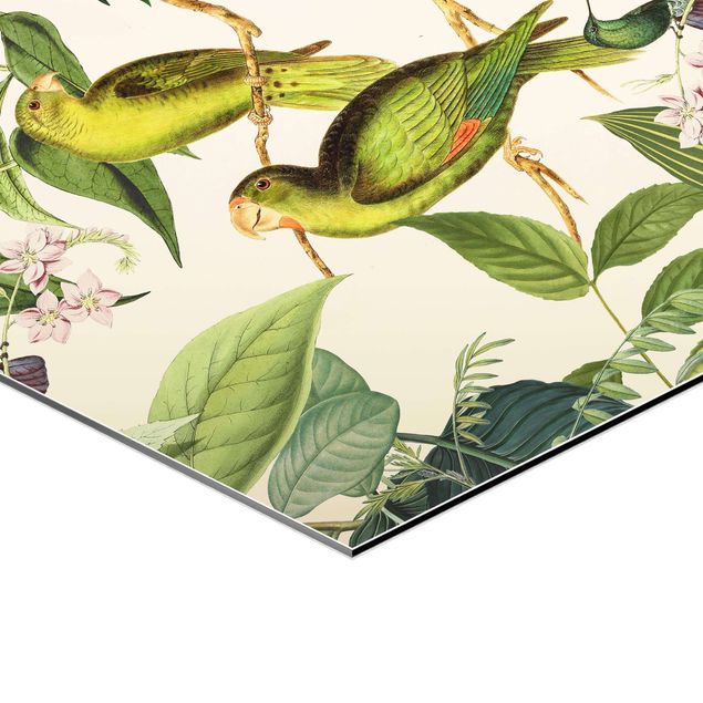 Wanddeko über Sofa Vintage Collage - Papageien im Dschungel