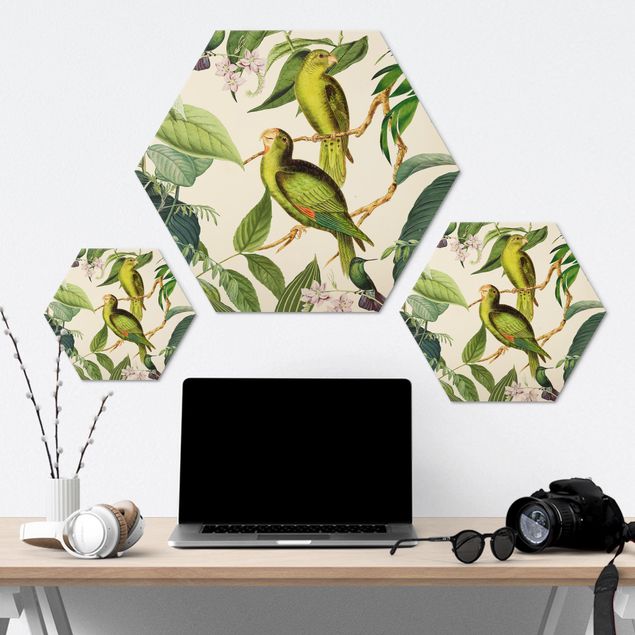 Wanddeko über Bett Vintage Collage - Papageien im Dschungel