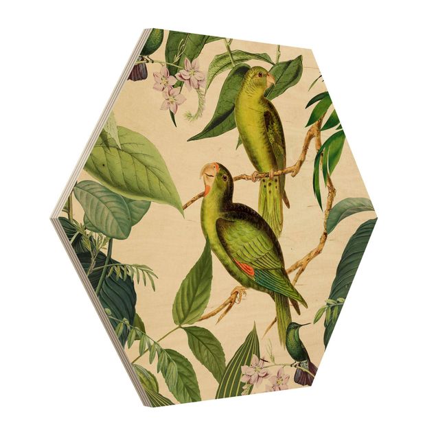 Wanddeko Büro Vintage Collage - Papageien im Dschungel