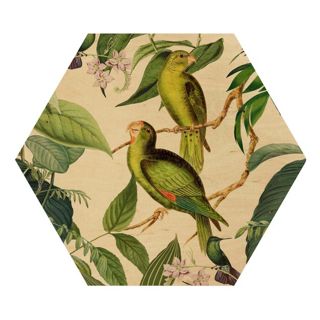 Wohndeko Pflanzen Vintage Collage - Papageien im Dschungel