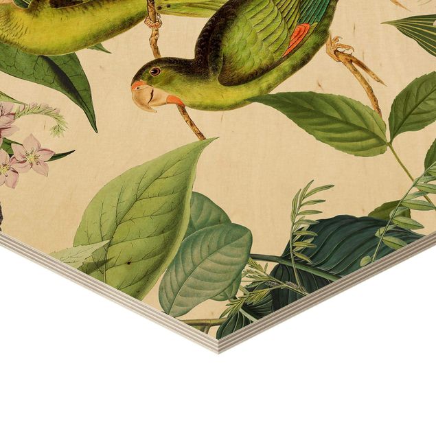 Wanddeko über Bett Vintage Collage - Papageien im Dschungel