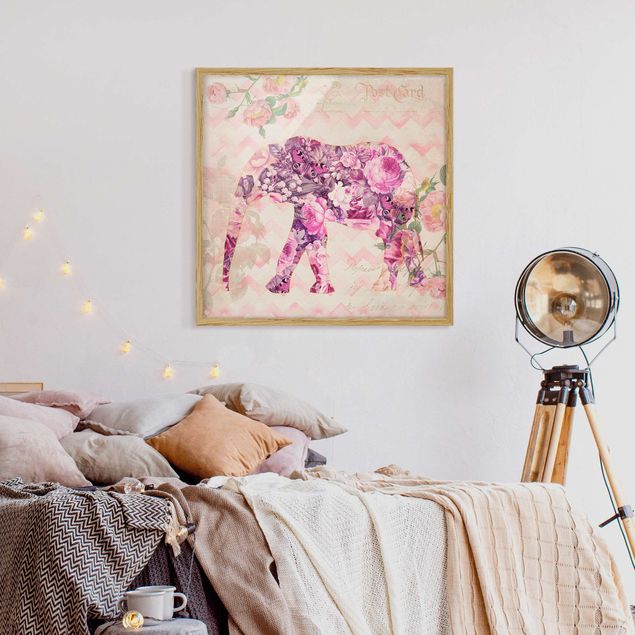 Wanddeko Wohnzimmer Vintage Collage - Rosa Blüten Elefant