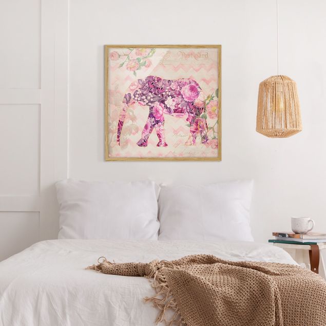 Deko Blume Vintage Collage - Rosa Blüten Elefant