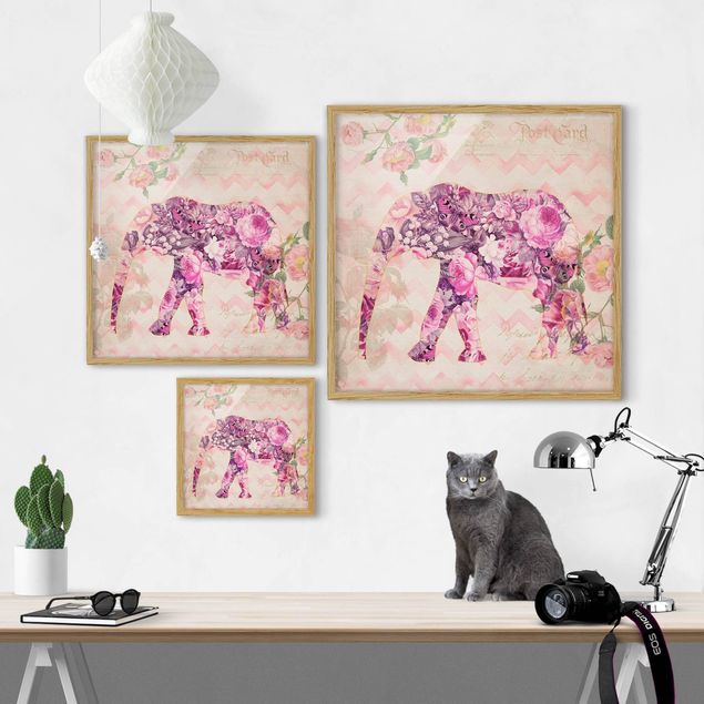 Wanddeko pink Vintage Collage - Rosa Blüten Elefant