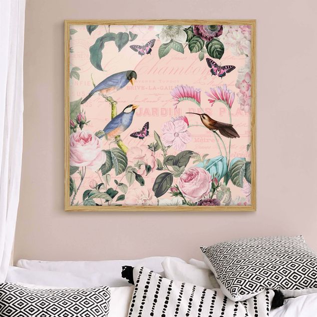 Wanddeko Wohnzimmer Vintage Collage - Rosen und Vögel