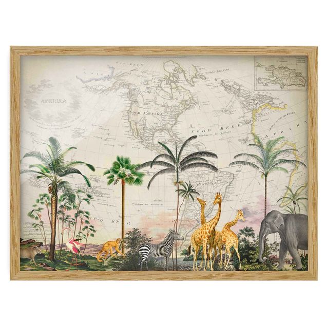 Wanddeko über Sofa Vintage Collage - Tierwelt auf Weltkarte
