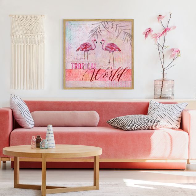 Wanddeko Büro Vintage Collage - Tropical World Flamingos