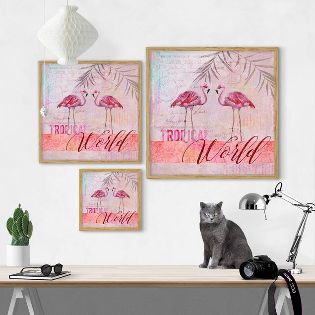Wanddeko Praxis Vintage Collage - Tropical World Flamingos