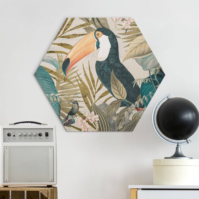 Wanddeko Büro Vintage Collage - Tukan im Dschungel