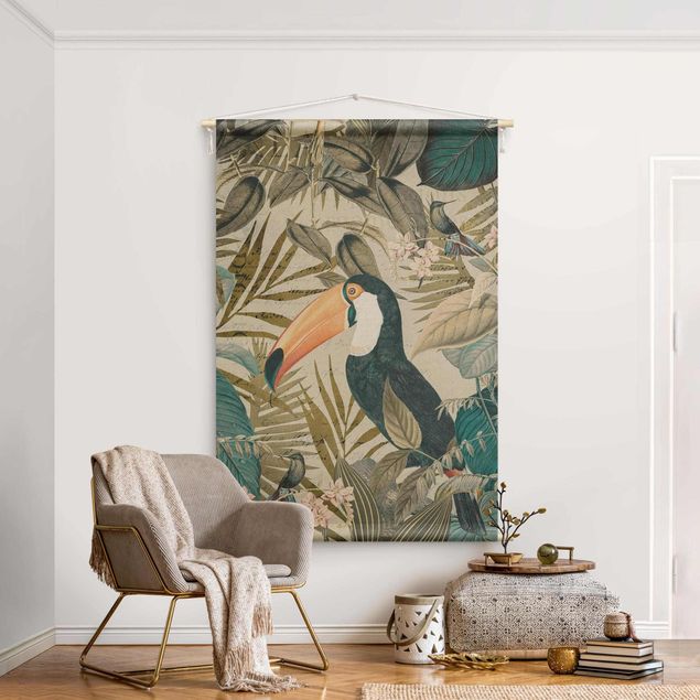 Wanddeko Schlafzimmer Vintage Collage - Tukan im Dschungel