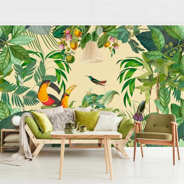 Wanddeko Wohnzimmer Vintage Collage - Vögel im Dschungel