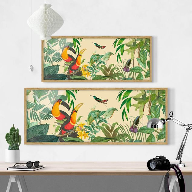 Wanddeko über Sofa Vintage Collage - Vögel im Dschungel
