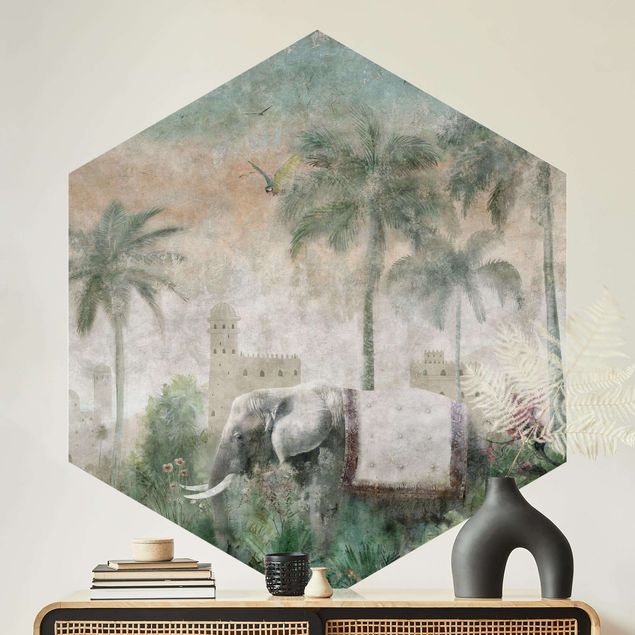 Wanddeko grün Vintage Dschungel Szene mit Elefant