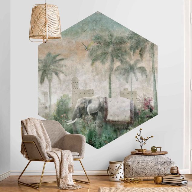 Wanddeko Flur Vintage Dschungel Szene mit Elefant