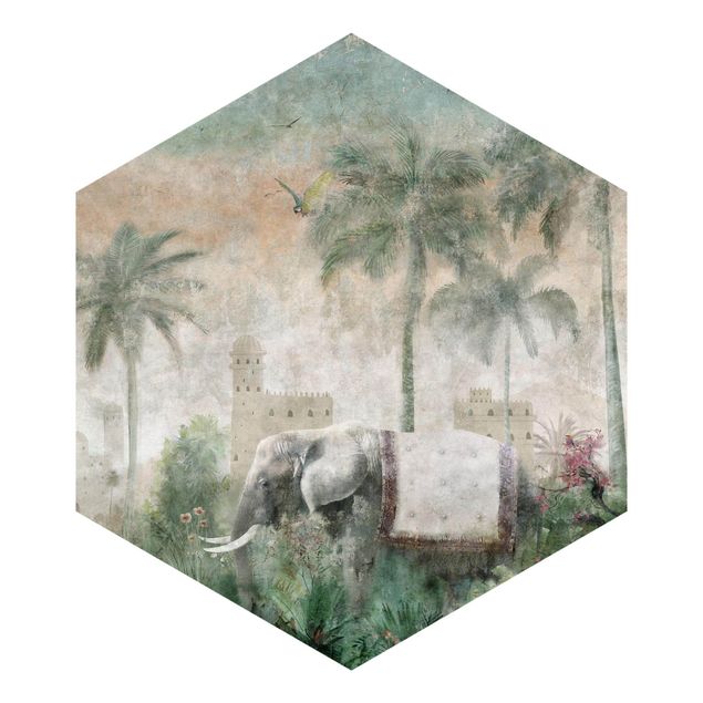 Wanddeko Treppenhaus Vintage Dschungel Szene mit Elefant