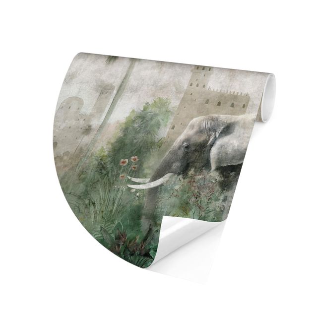 Wanddeko grün Vintage Dschungel Szene mit Elefant