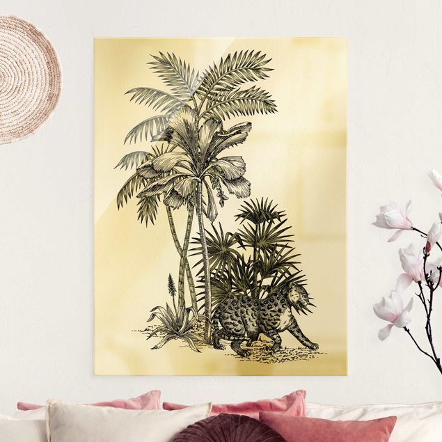 Wanddeko Schlafzimmer Vintage Illustration - Tiger und Palmen