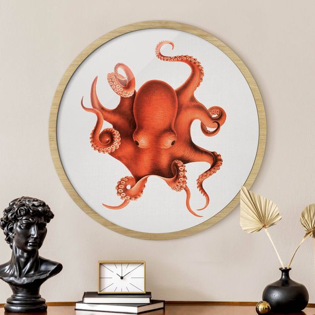 Wanddeko Wohnzimmer Vintage Illustration Roter Oktopus