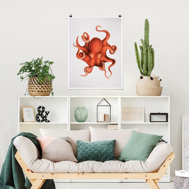 Wanddeko Schlafzimmer Vintage Illustration Roter Oktopus