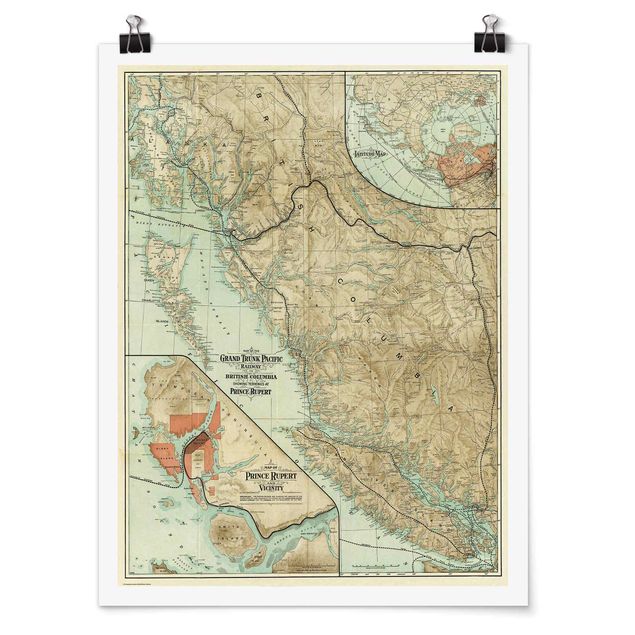 Wanddeko Esszimmer Vintage Karte British Columbia