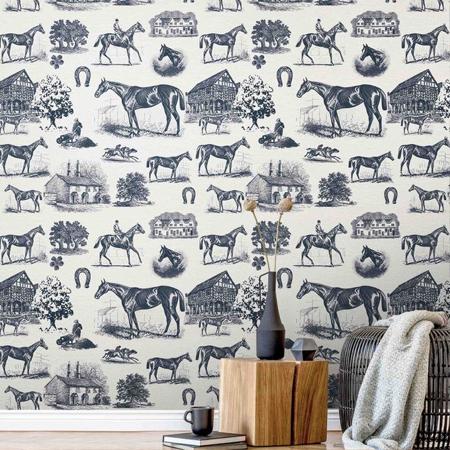 Wanddeko Wohnzimmer Vintage Pferde Muster Dunkelblau