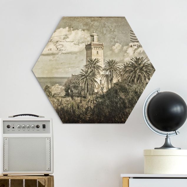 Wanddeko Schlafzimmer Vintage Postkarte mit Leuchtturm und Palmen