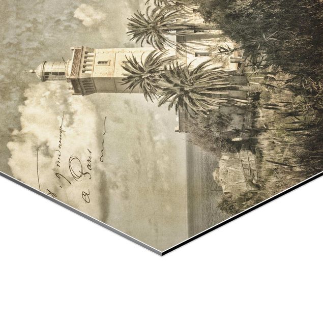 Wanddeko über Bett Vintage Postkarte mit Leuchtturm und Palmen