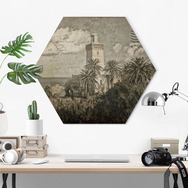 Wanddeko draußen Vintage Postkarte mit Leuchtturm und Palmen