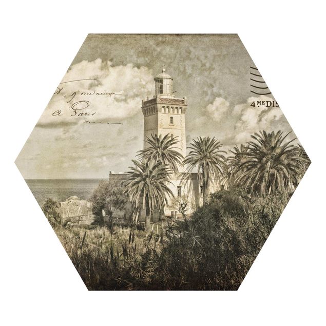 Wanddeko Treppenhaus Vintage Postkarte mit Leuchtturm und Palmen