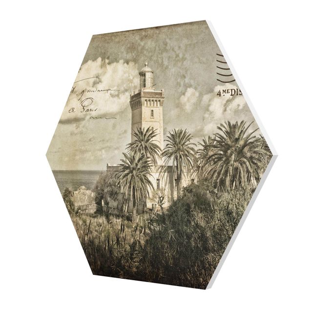 Wanddeko über Sofa Vintage Postkarte mit Leuchtturm und Palmen