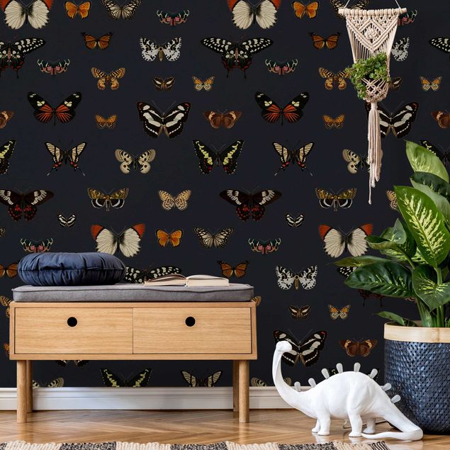 Wanddeko Wohnzimmer Vintage Schmetterlinge auf Dunkelblau