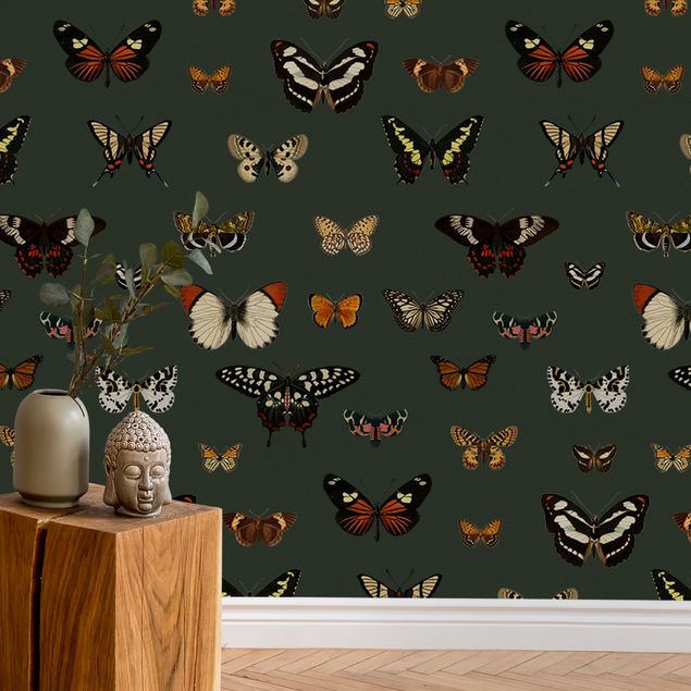 Wanddeko Wohnzimmer Vintage Schmetterlinge auf Dunkelgrün