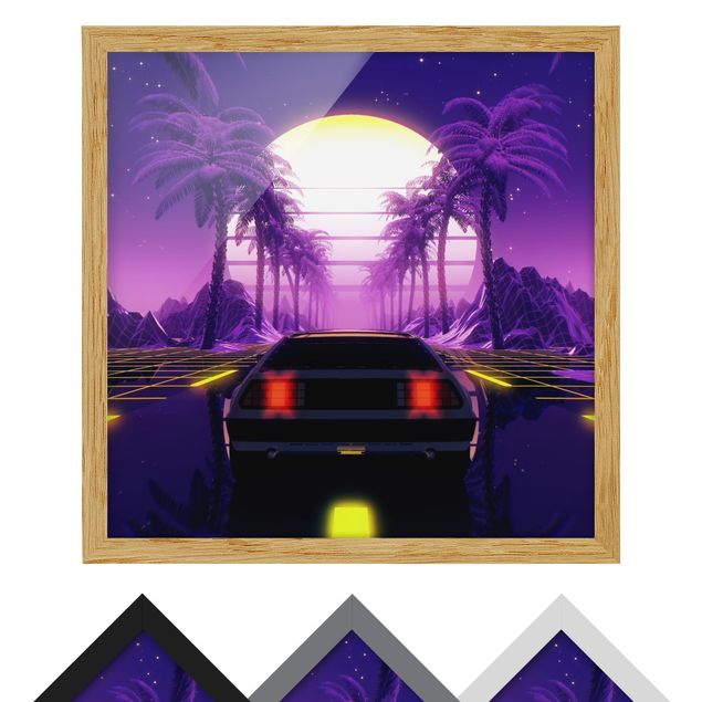 Wanddeko violett Vintage Video Auto mit Palmen