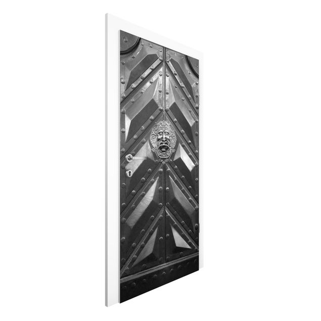 Wanddeko Flur Alte Tür aus Stahl mit Löwenkopf Türklopfer