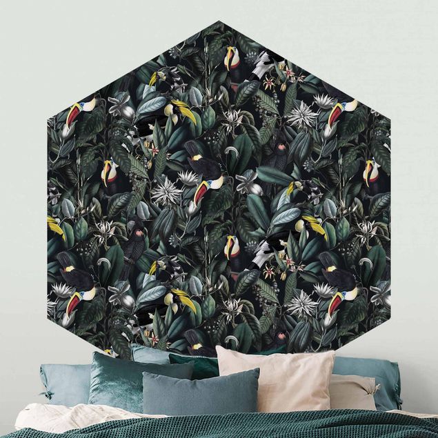 Wanddeko Schlafzimmer Vögel in dunkler Botanik