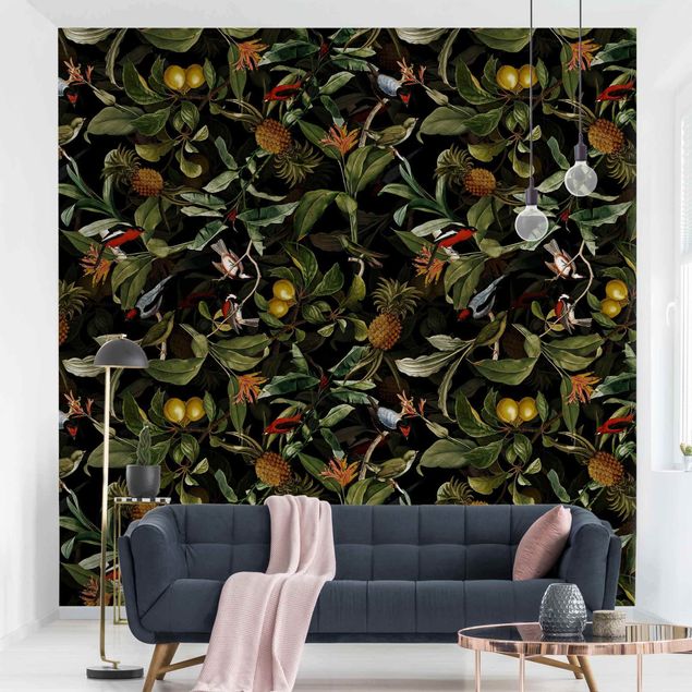 Wanddeko Wohnzimmer Vögel mit Ananas Grün