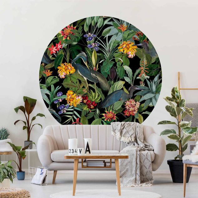 Wanddeko Wohnzimmer Vögel mit Tropischen Blumen