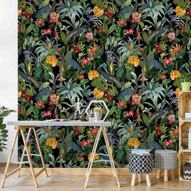 Wanddeko Wohnzimmer Vögel mit Tropischen Blumen