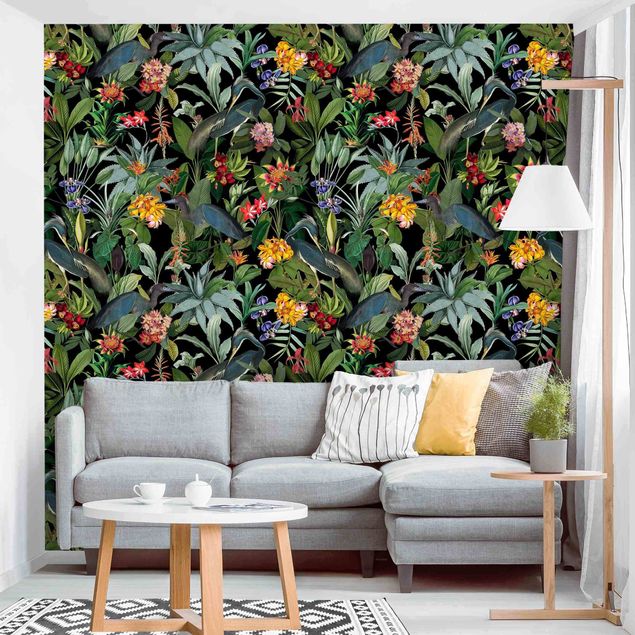 Wanddeko Schlafzimmer Vögel mit Tropischen Blumen