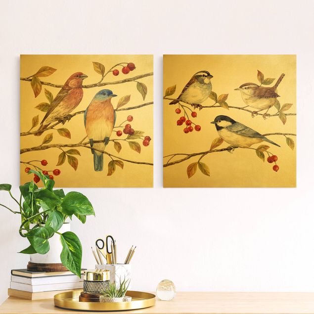 Wanddeko Wohnzimmer Vögel und Beeren Set I