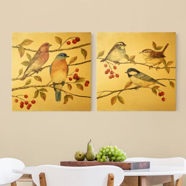 Wanddeko Esszimmer Vögel und Beeren Set I