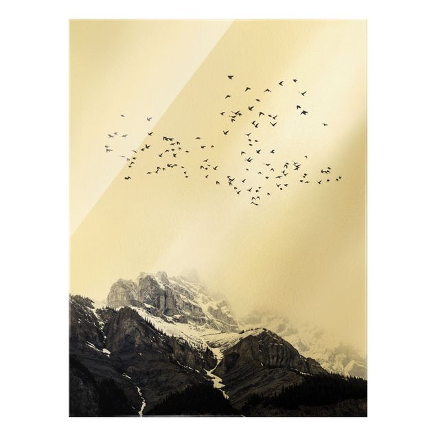 Glasbilder Berge Vogelschwarm vor Bergen Schwarz Weiß