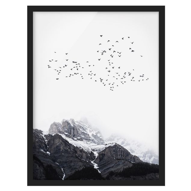 Wanddeko Esszimmer Vogelschwarm vor Bergen Schwarz Weiß