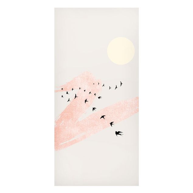 Wanddeko Büro Vogelschwarm vor Rosa Himmel