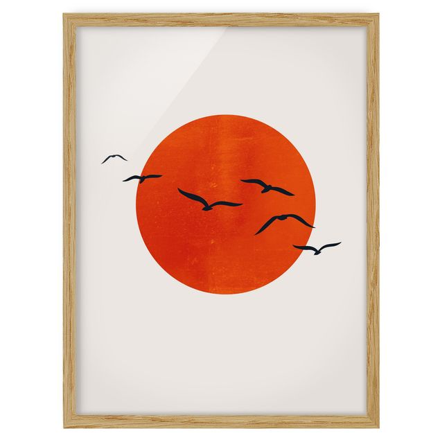 Wanddeko Esszimmer Vogelschwarm vor roter Sonne I