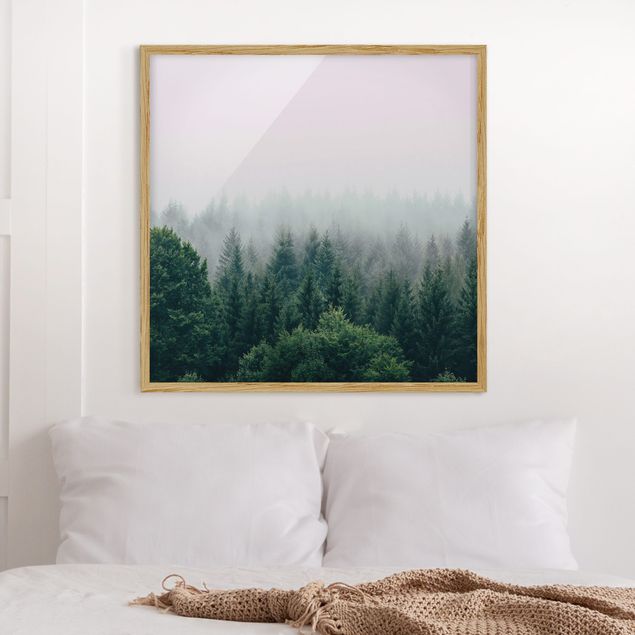 Wanddeko Wohnzimmer Wald im Nebel Dämmerung